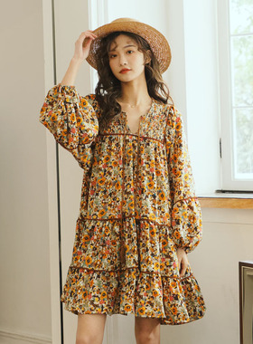 诺比昂法式复古碎花连衣裙夏春秋季长袖度假风宽松海边沙滩裙仙女