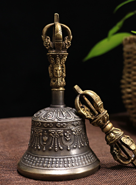 尼泊尔手工鎏金五股金刚铃杵大号纯铜碰钟摇铃修法铃藏传密宗法器