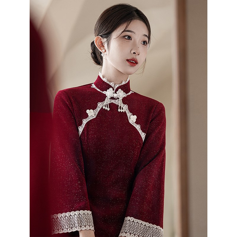 红色旗袍敬酒服结婚秋冬季加绒回门服新娘新中式婚服订婚礼服长袖