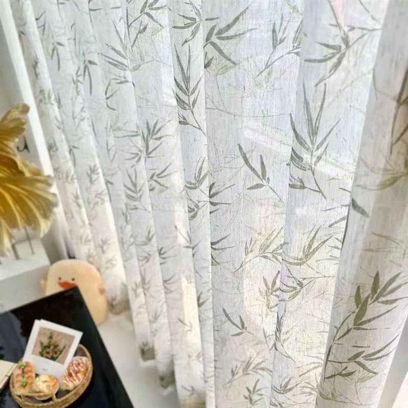 窗帘竹叶新中式窗纱书房茶楼客厅飘窗麻纱道具背景装饰透光不透人