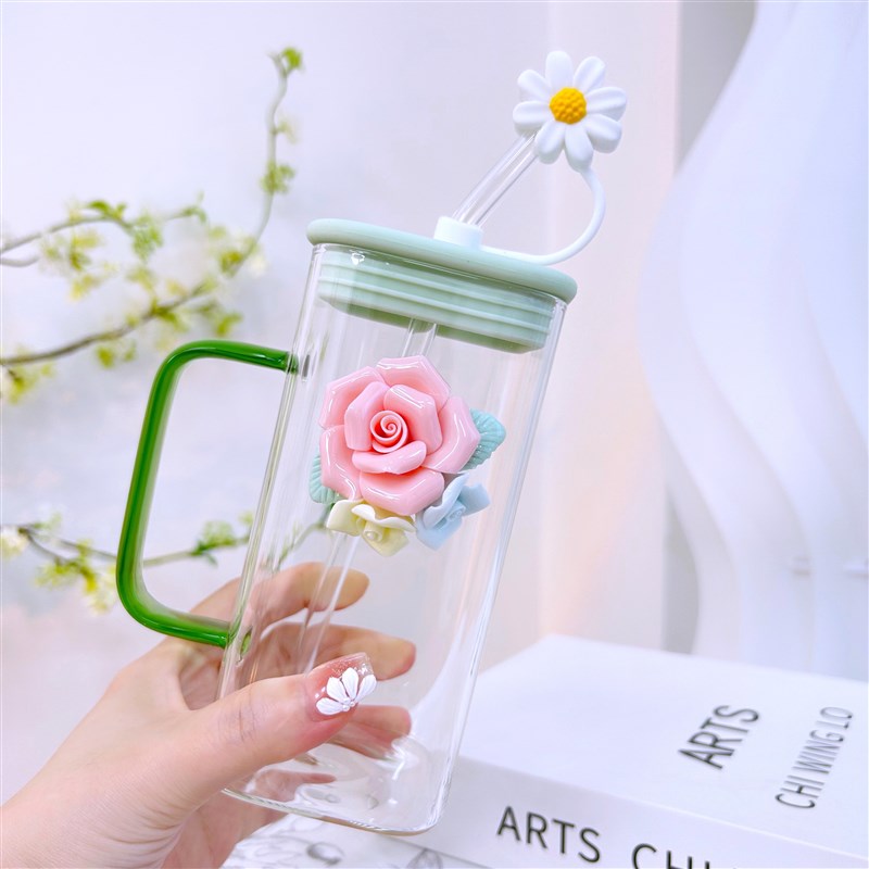 高颜值耐热玻璃杯绿茶杯小众吸管杯手工捏花水果花茶杯家用办公杯