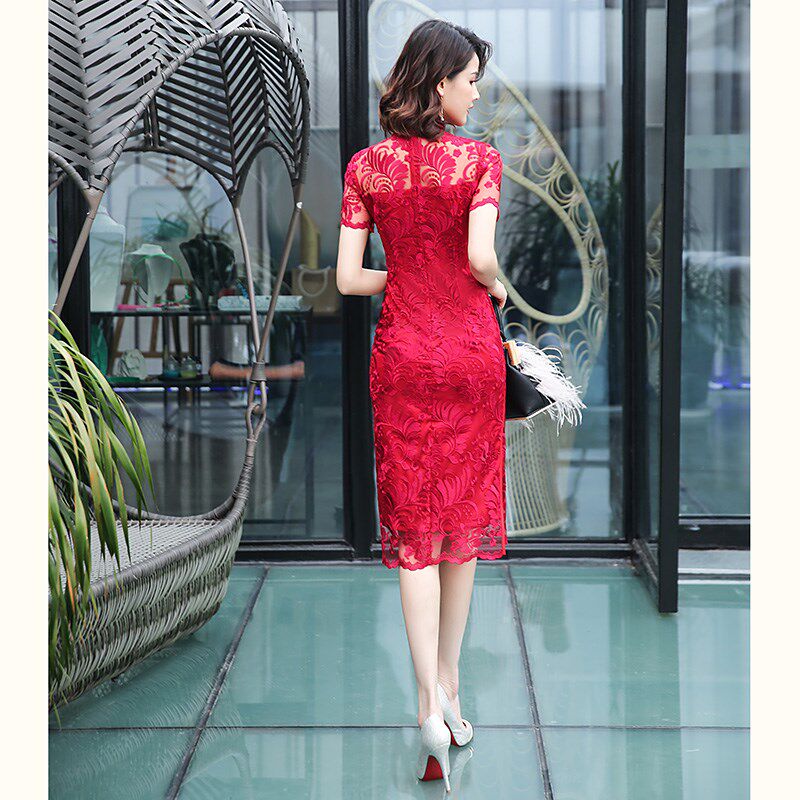 红色中高考送考旗袍2024新款复古风改良显瘦长款旗袍式连衣裙优雅