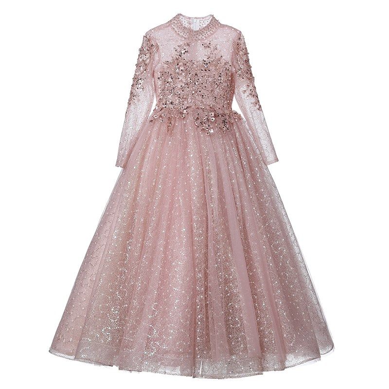 儿童礼服长袖高端女童公主裙生日秋冬钢琴演出服春晚小主持人服装