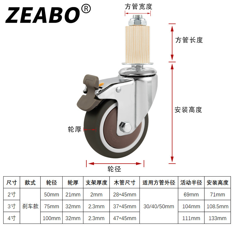 (4只装)方管30/40/50mm不锈钢管家具腿铁管用脚轮带刹车万向轮