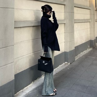 上衣 不规则软糯套头高领斗篷开叉毛衣女秋冬宽松慵懒风加厚针织衫