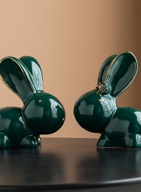 优选陶瓷兔子创意可爱客厅酒柜电视柜装饰品结婚礼物动物摆件三口