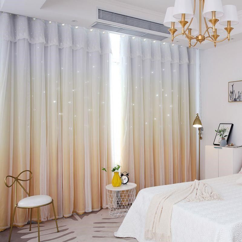 2024款韩式双层镂空星星渐变网红窗帘公主风卧室客厅飘窗布纱一体