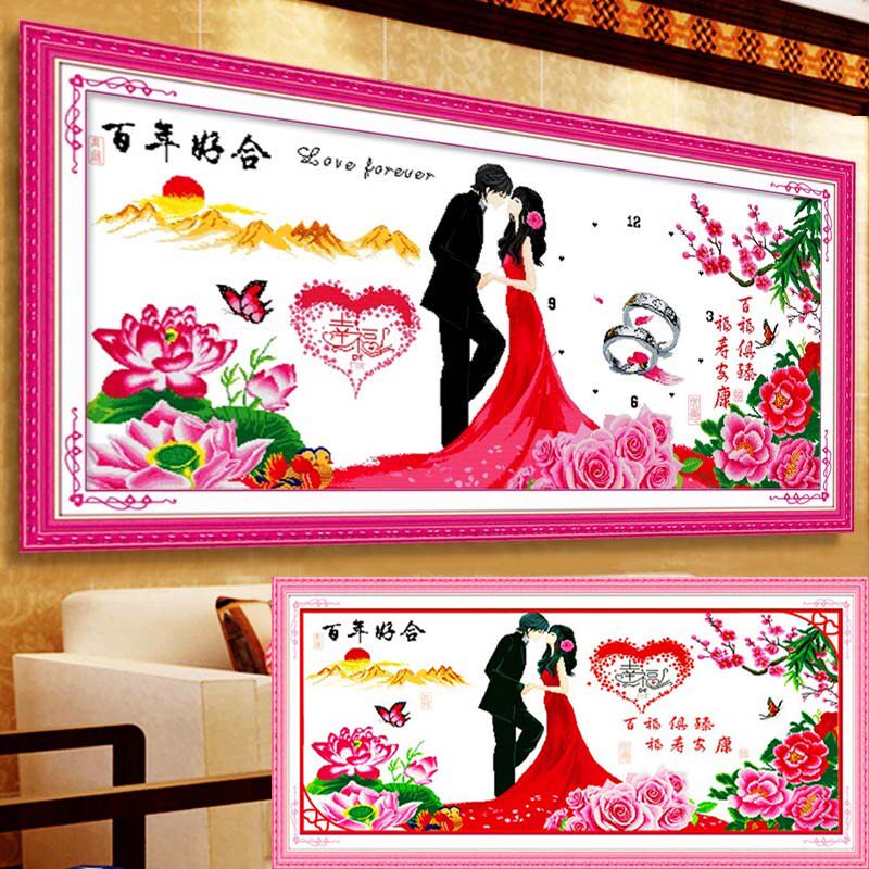 纯手工十字绣成品百年好合幸福约定婚庆结婚款装饰画已绣好的带框图片