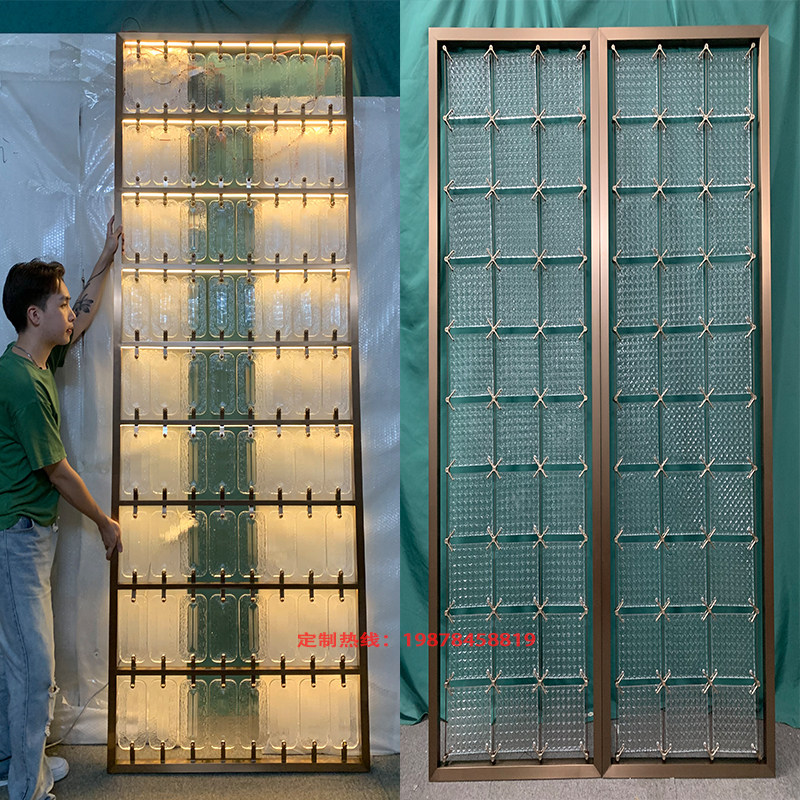 定制水晶挂片花格隔断不锈钢艺术玻璃酒店玄关背景古铜色金属屏风