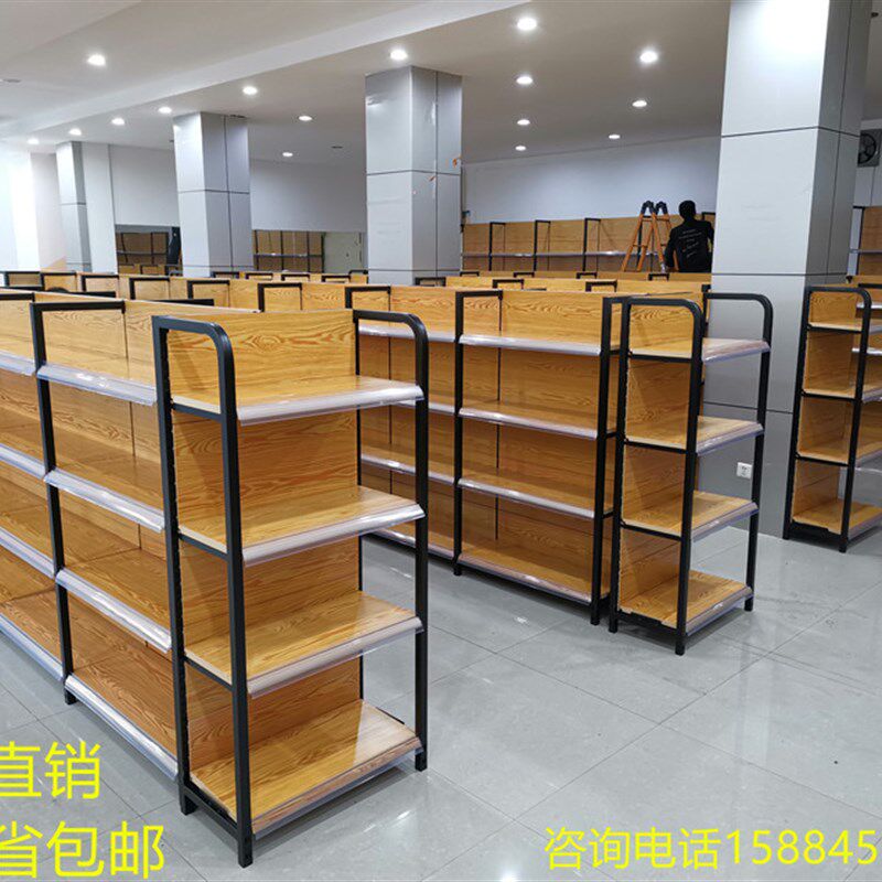 四柱木纹色超市货架母婴店文具店饰品货架陈列柜双面展柜精品展架