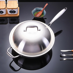 304不锈钢尖底锅不粘圆底炒锅大号38cm酒店食堂商用