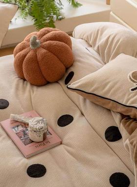 卡通季加厚保暖四牛奶绒CUR华夫冬格毛巾绣奶黄色床上件珊瑚绒套1