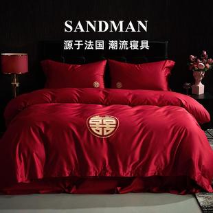 SANDMAN睡神仕婚庆贡缎100支长绒棉四件套红色刺绣婚嫁床上用品