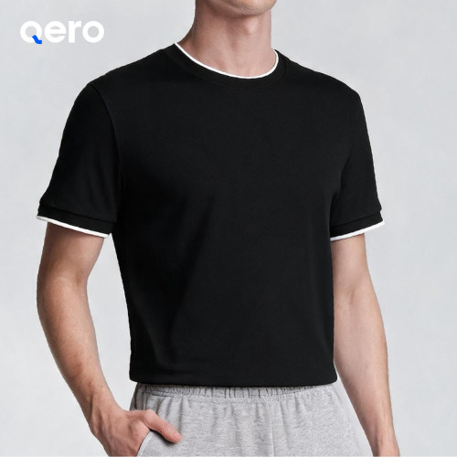 QERO莫代尔圆领短袖T恤男黑色撞色边条百搭休闲