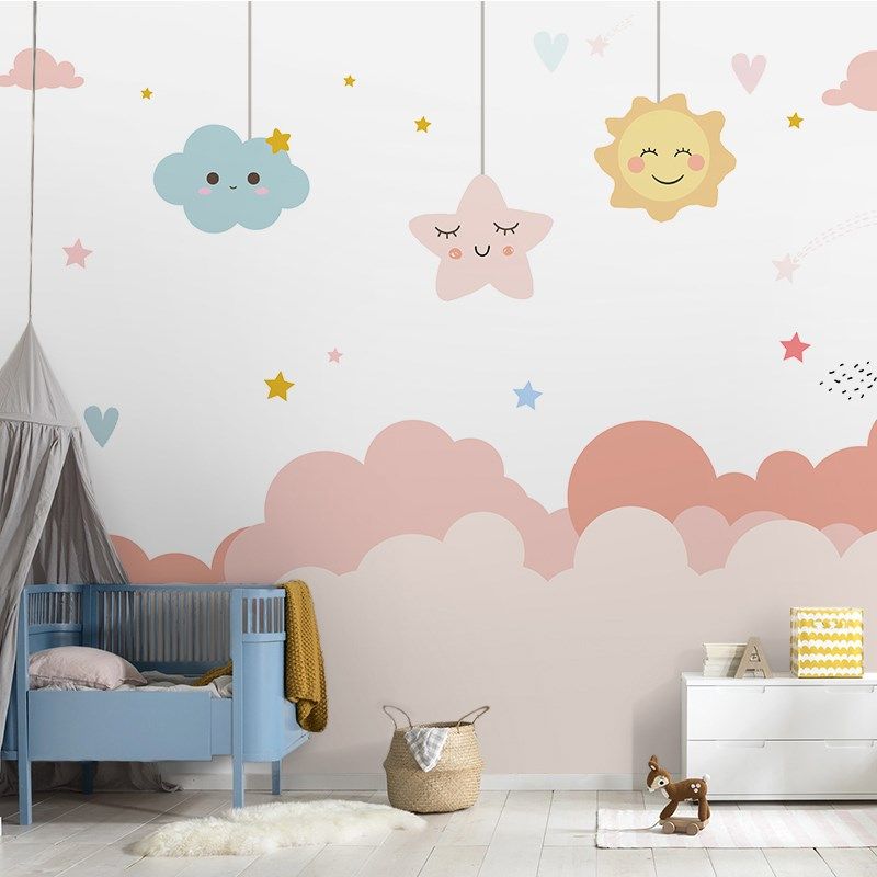 精选太阳星星卡通墙纸女孩卧室墙布儿童房壁布无缝壁画公主房壁纸,家装主材,定制壁画,淘宝优惠券,粉丝福利购,淘宝优惠卷