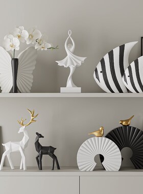 创意黑白条纹抽象鱼摆件现代小众客厅酒柜电视柜装饰品艺术高级感