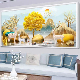 精选5D钻石画满钻新款客厅发财树麋鹿风景轻奢贴钻十字绣2023点粘