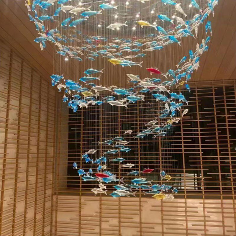 酒店大厅海鲜店海洋主题玻璃鱼形鱼群鱼造型海豚婚庆装饰艺术吊灯