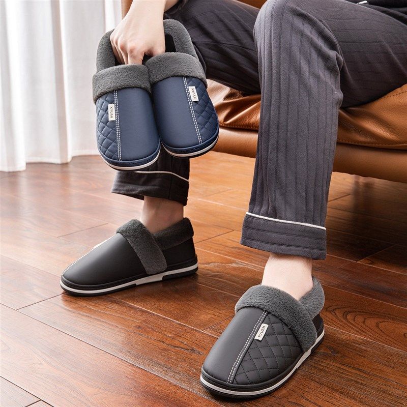 精选老年人棉拖鞋男款冬季防水室内家居2025新款皮面包跟棉鞋男士