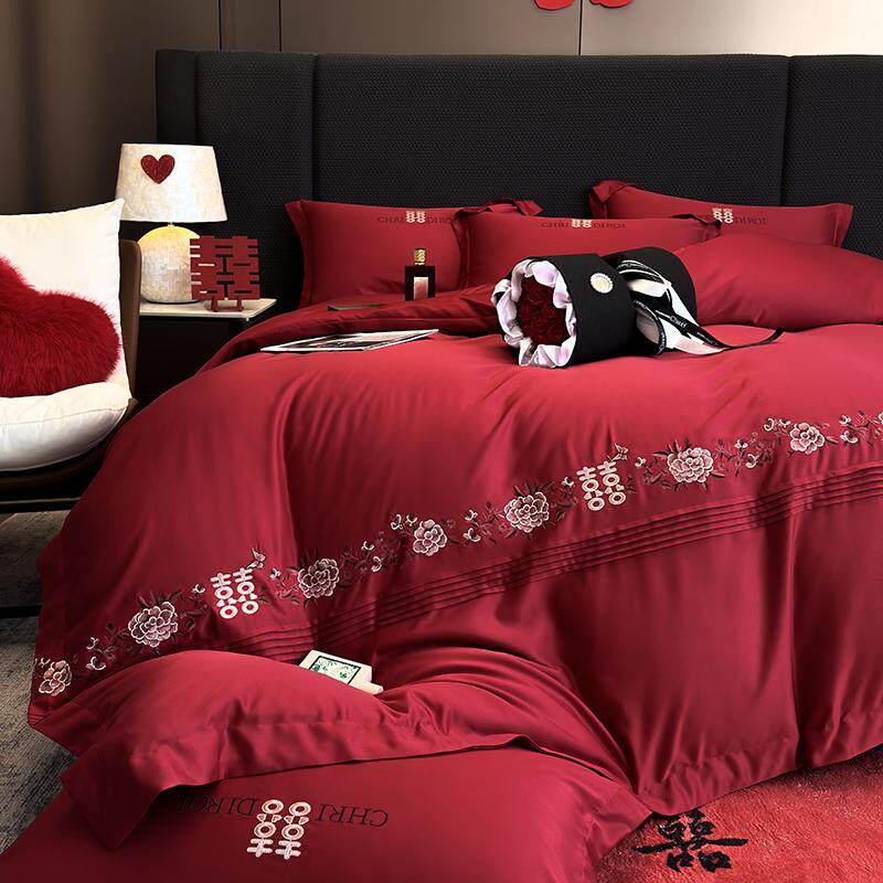 新中式婚庆全棉四件套25新款简约红色刺绣结婚被套婚房床单床品4