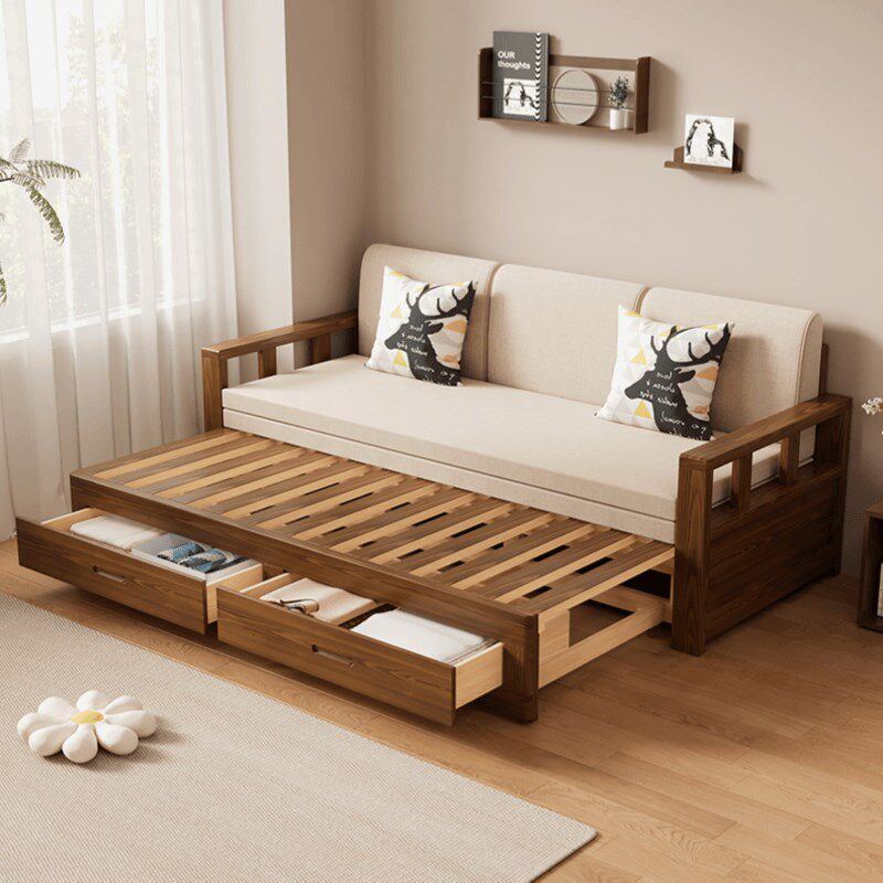 全实木一体沙发床可折叠推拉两用坐卧伸缩小户型客厅储物原木沙发