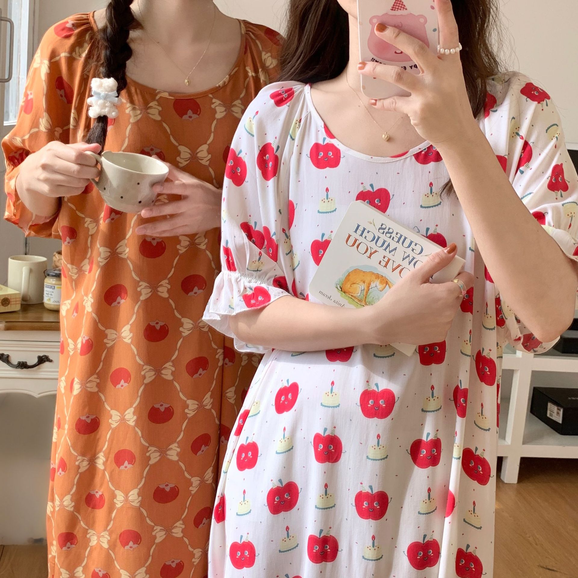圆领棉绸带固定罩杯睡裙春秋居家服大码睡裙女套装女复古风宽松