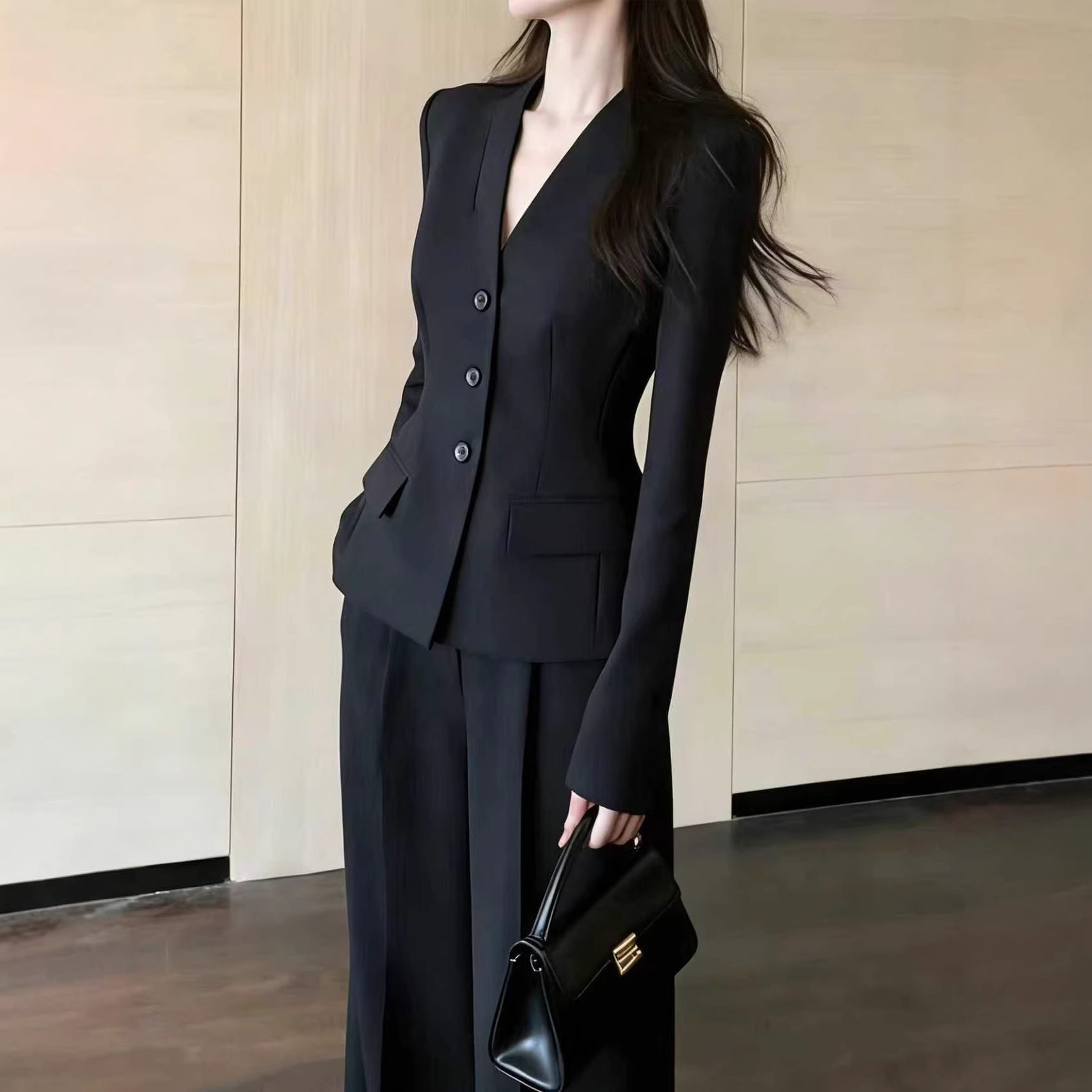 春秋新款感大码女装黑色长袖西装套装女胖mm气质职业装2656