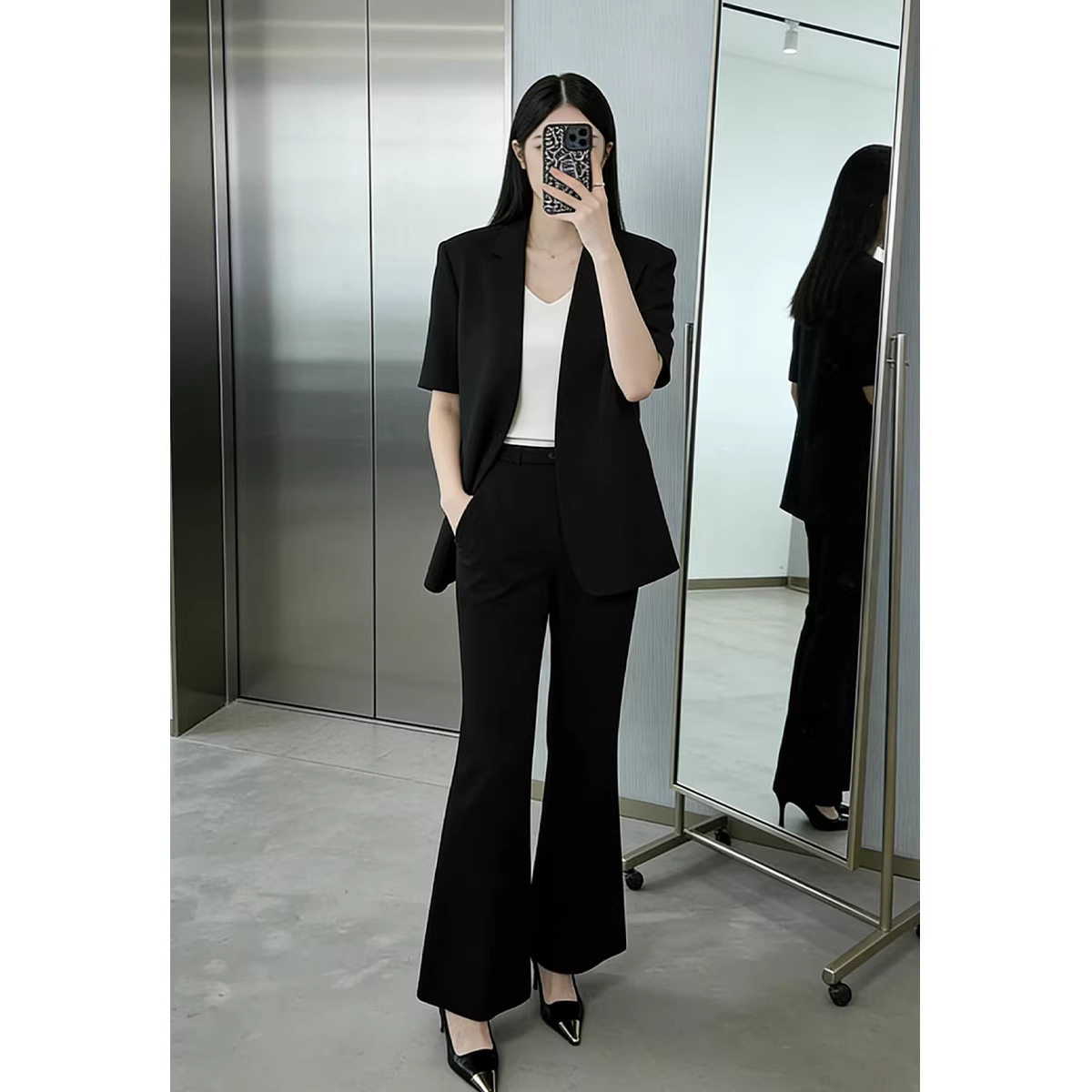 夏季新款大码薄款短袖职业西装套装女胖mm正装西服两件套2613