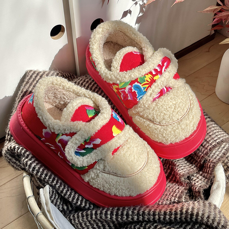 东北大花棉拖鞋女冬季包跟2024新款保暖羊羔绒加厚魔术贴棉鞋外穿
