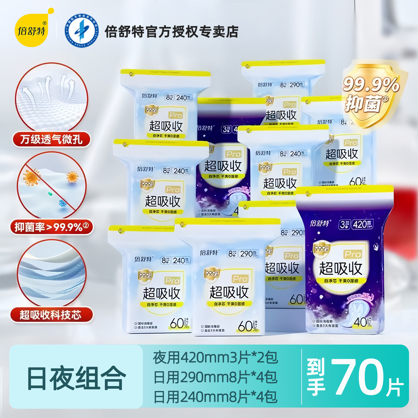 倍舒特卫生巾240mm消毒级日用型超吸收棉柔纤薄姨妈巾女整箱正品图片