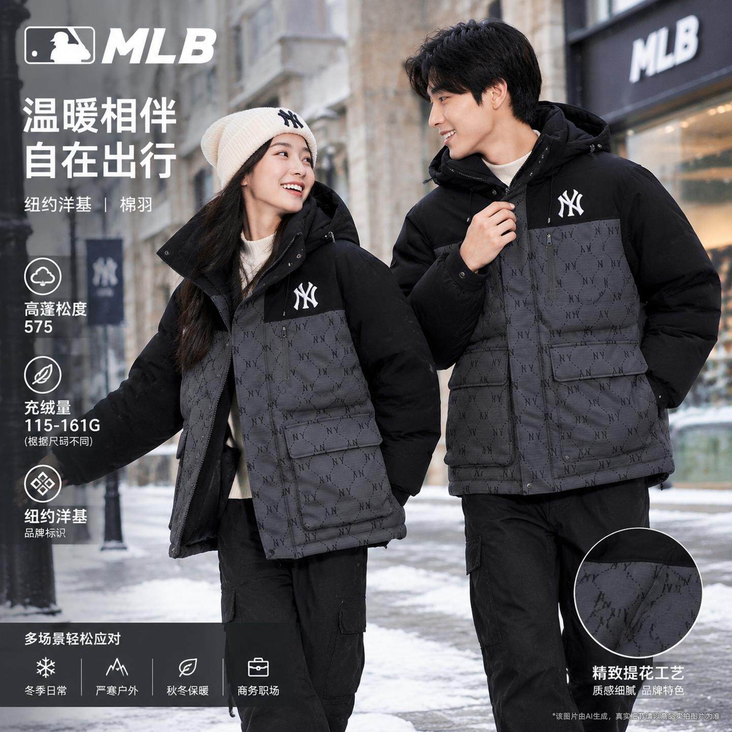 MLB连帽羽绒服男装女装26冬季复古钻石老花保暖加厚夹克拼接外套