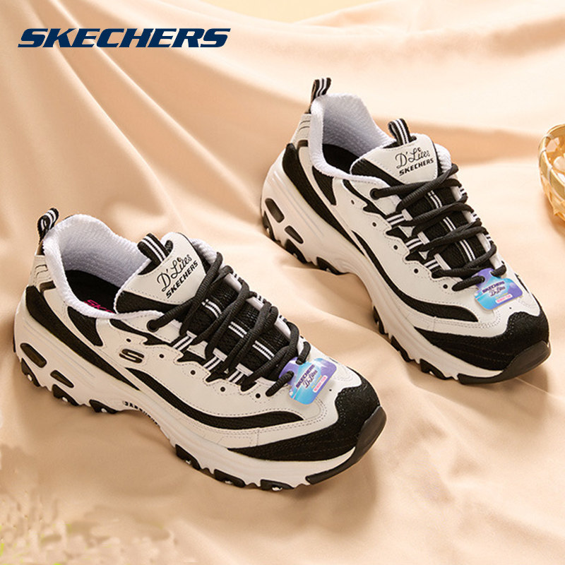 斯凯奇男鞋熊猫鞋冬季新款厚底老爹鞋黑白撞色运动鞋网面休闲鞋