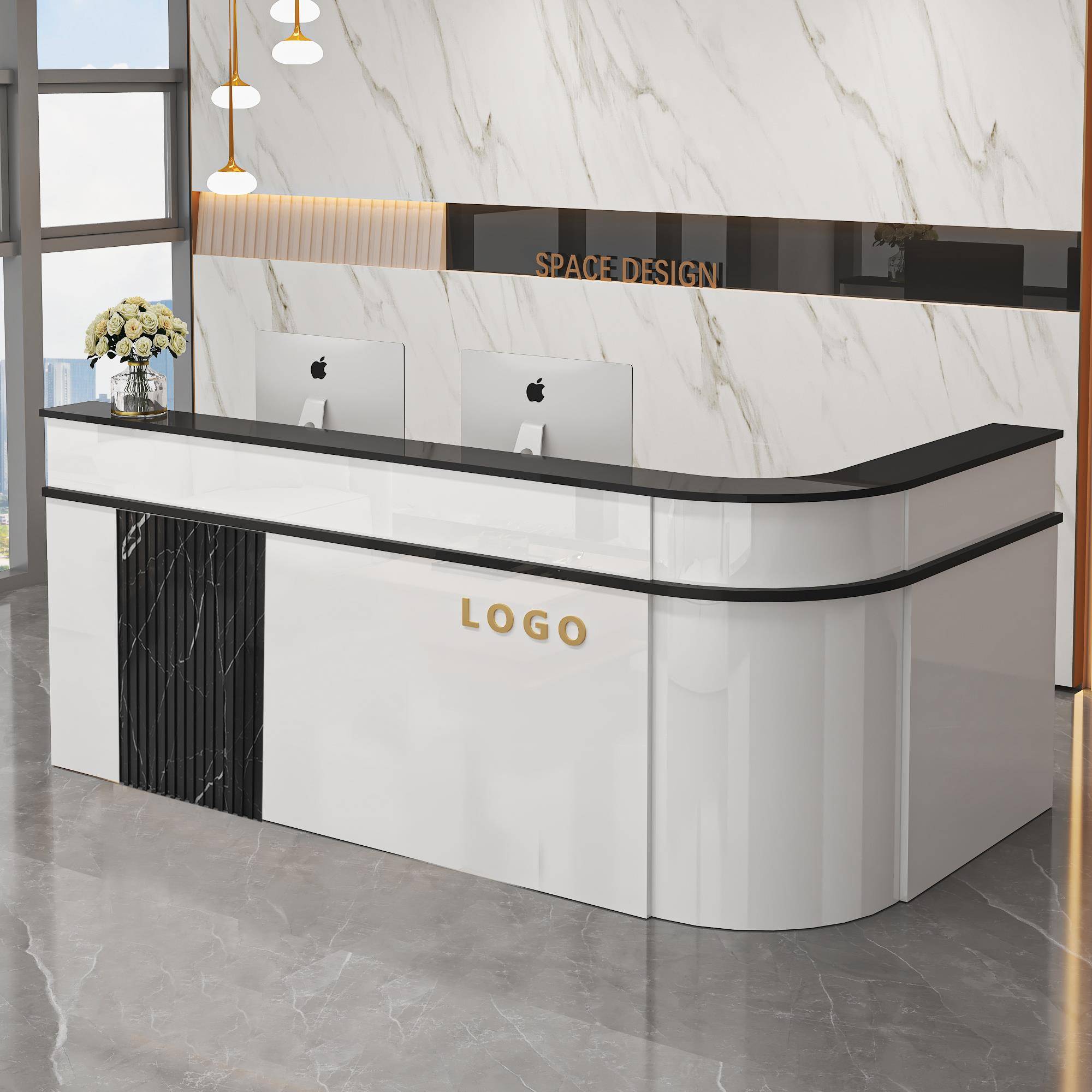 需定制公司前台接待台圆弧转角收银台烤漆吧台小型办公桌定制商场