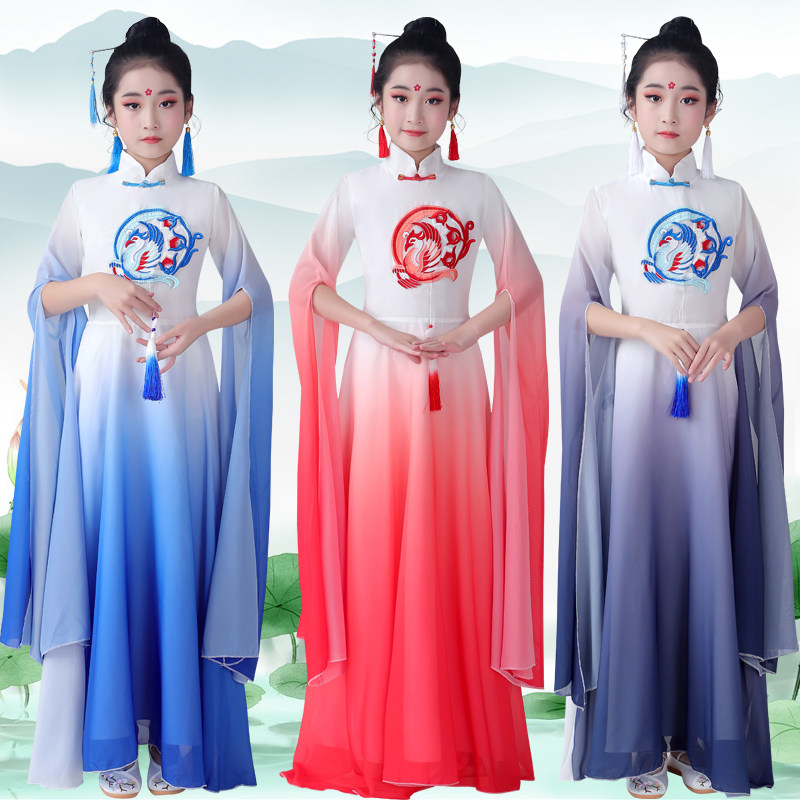 女童汉服古筝水袖舞蹈演出服儿童中国风长笛钢琴大童长裙表演服装