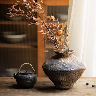 插花复古怀旧手工民宿酒店侘寂风禅意摆件陶器花器陶瓷花瓶粗陶瓶