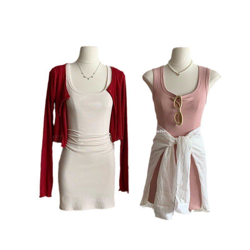 2024方领背心连衣裙女夏季百搭内搭短裙修身收腰无袖吊带包臀裙子