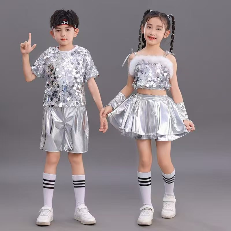 六一新款儿童科技感舞台走秀服装幼儿园中小学生银色亮片爵士舞蹈