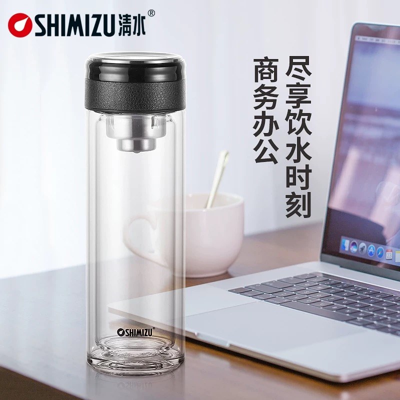 清水双层玻璃杯商务泡茶杯防烫防漏水杯带茶隔滤网车载保温杯