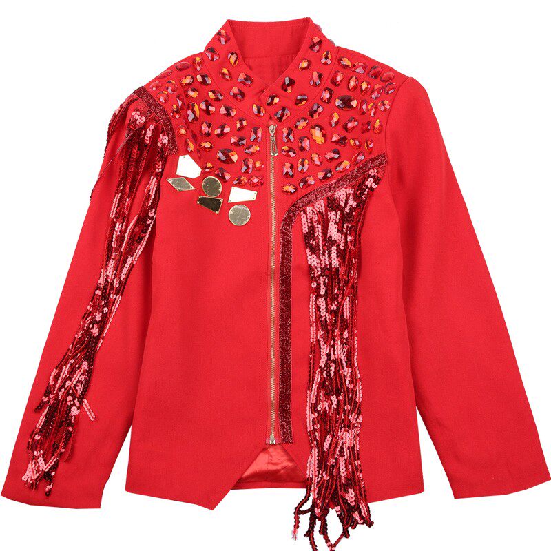 国庆模特走秀歌手主持人表演流苏亮片演出服装男童架子鼓舞台套装