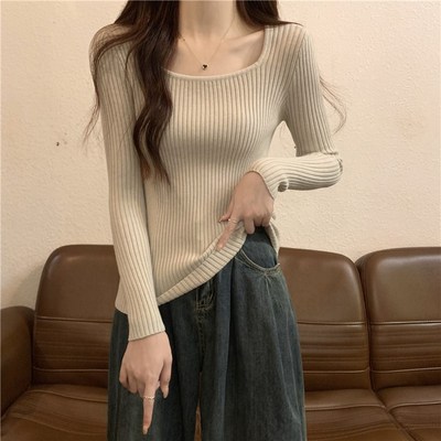 法式方领内搭毛衣女士春秋修身紧身设计感小众长袖打底针织衫上衣