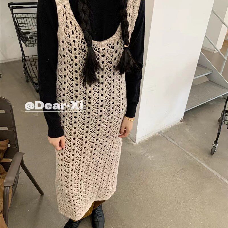 日了个韩宽松复古设计款钩花镂空叠穿中长款针织背心连衣裙罩衫
