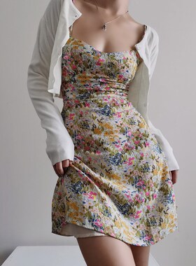 Sup莫奈油画碎花仙女吊带裙多穿法绑带收腰连衣裙A字裙约会甜美