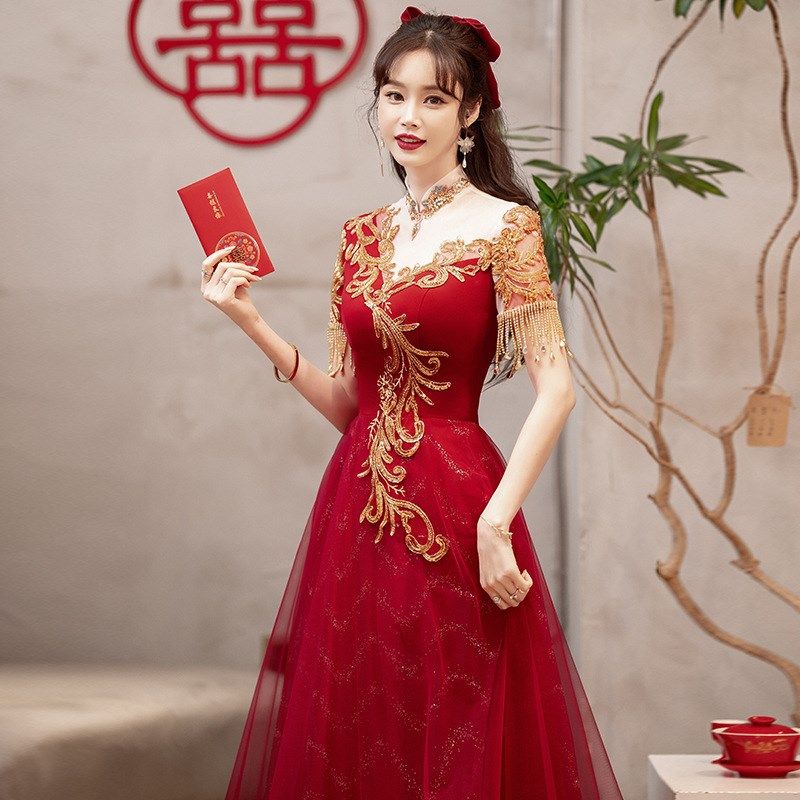 流苏中式敬酒服长裙气高级结婚回门中长款小个子红色订婚晚礼服步