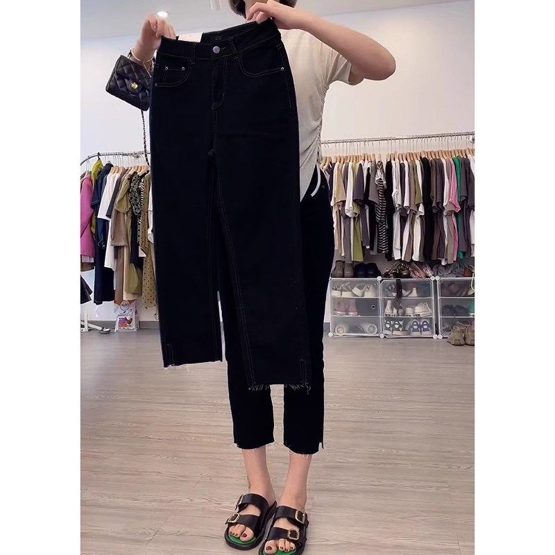 夏季轻薄新款黑色大码直筒开叉牛仔裤女小个子八分弹力显瘦烟管裤,女装/女士精品,大码裤装,淘宝优惠券,粉丝福利购,淘宝优惠卷