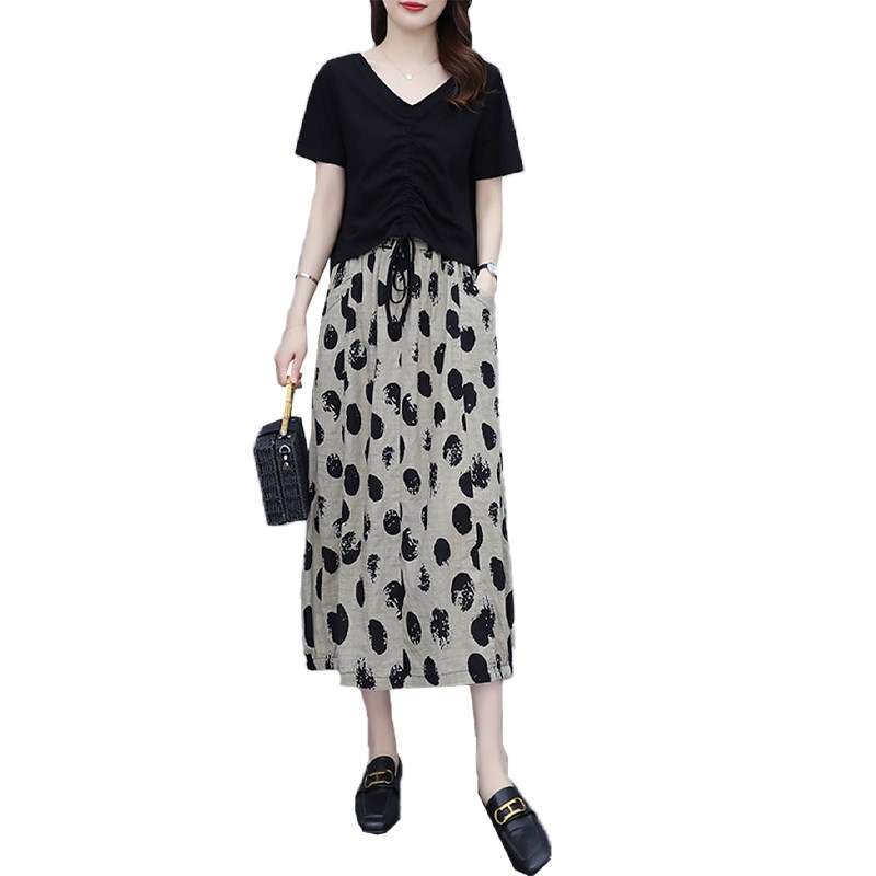 大码女装中长款连衣裙女2024年夏装时尚套装裙新款短袖裤子两件套