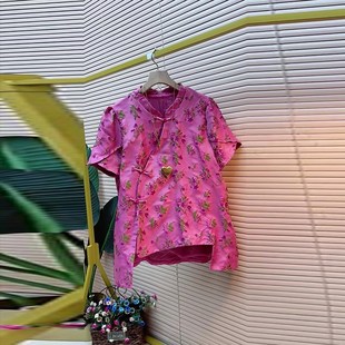 女装 甜美洋气百搭小衫 立领斜盘扣短袖 款 花朵国风上衣胖MM夏季 大码