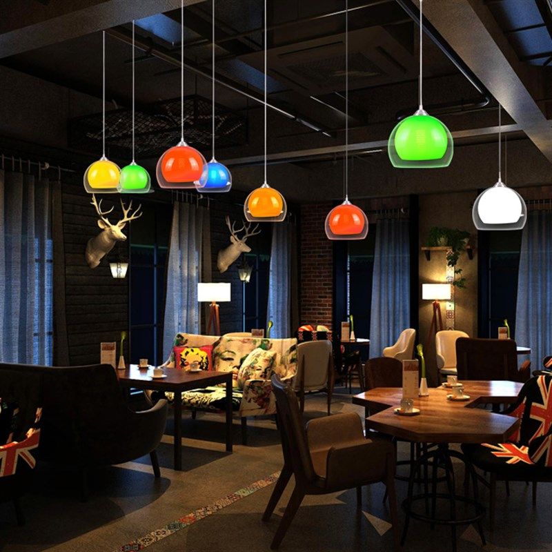 彩色餐厅吊灯简约亚克力单头LED创意超市中西餐馆吧台三头吊灯具