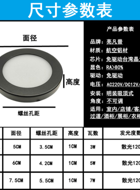 220V12V24伏超薄1cm明装筒灯3W5W7W免开孔橱柜酒柜展柜迷你小射灯