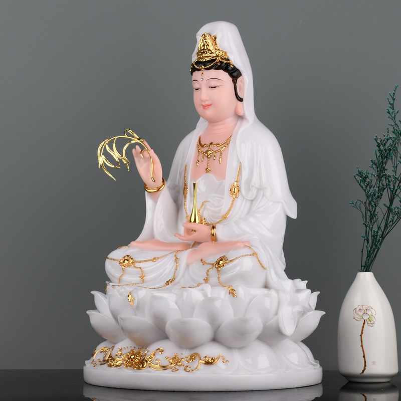 观音佛像家用供奉汉白玉观世音菩萨佛像白色观音娑婆三圣神像摆件