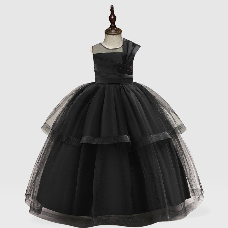 黑色礼服裙高级质感女童钢琴表演六一主持走秀乐器演奏舞蹈连衣裙